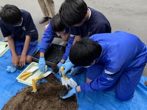 ポットに種子を蒔く作業をする生徒たち
